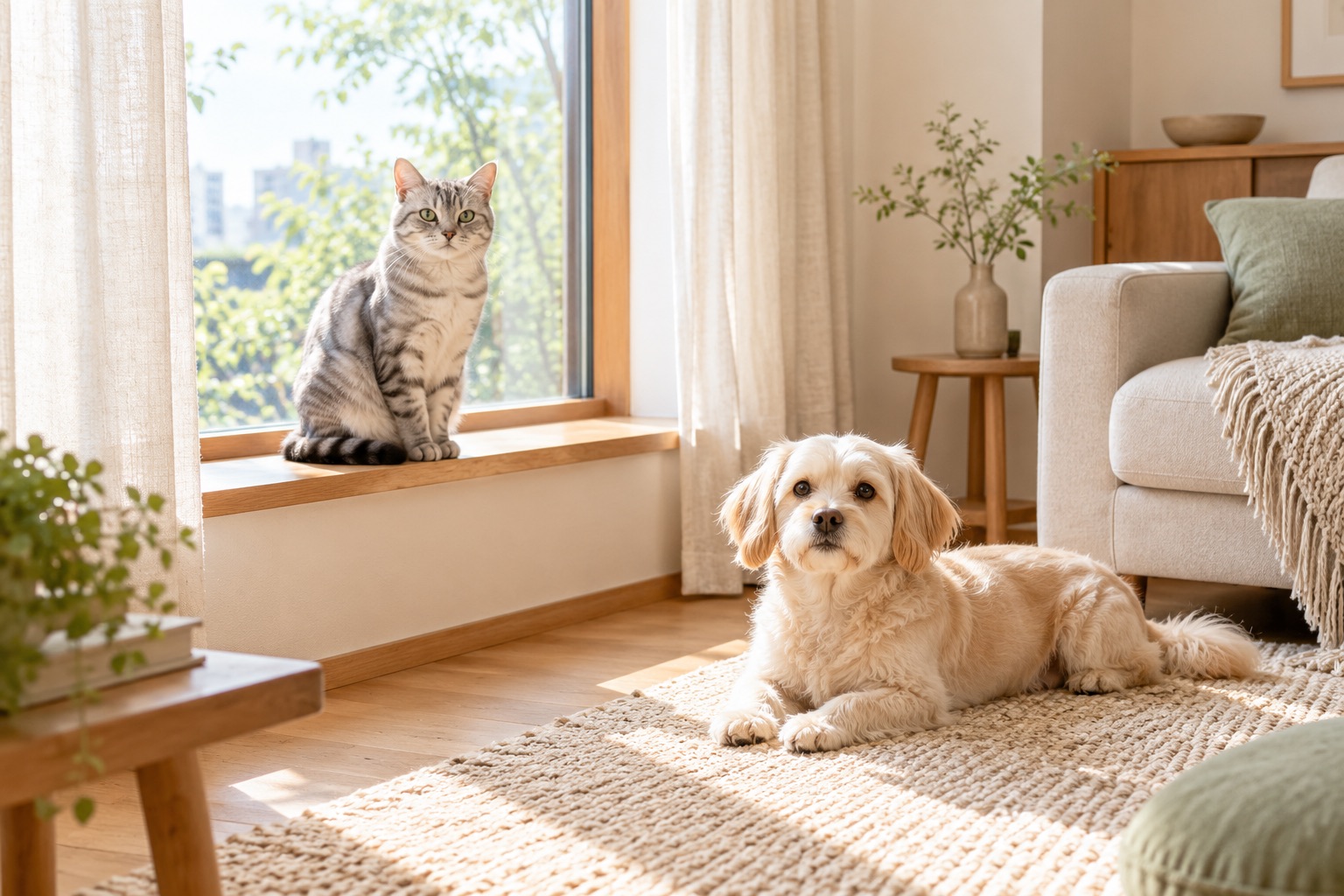 明るい部屋で、窓辺の猫とラグの上の犬がくつろぐ暮らしのイメージ